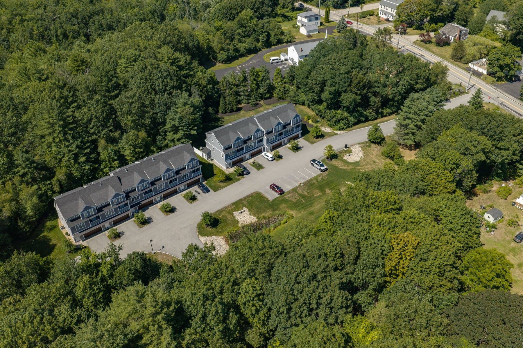 Aerial view of the community surrounded by trees