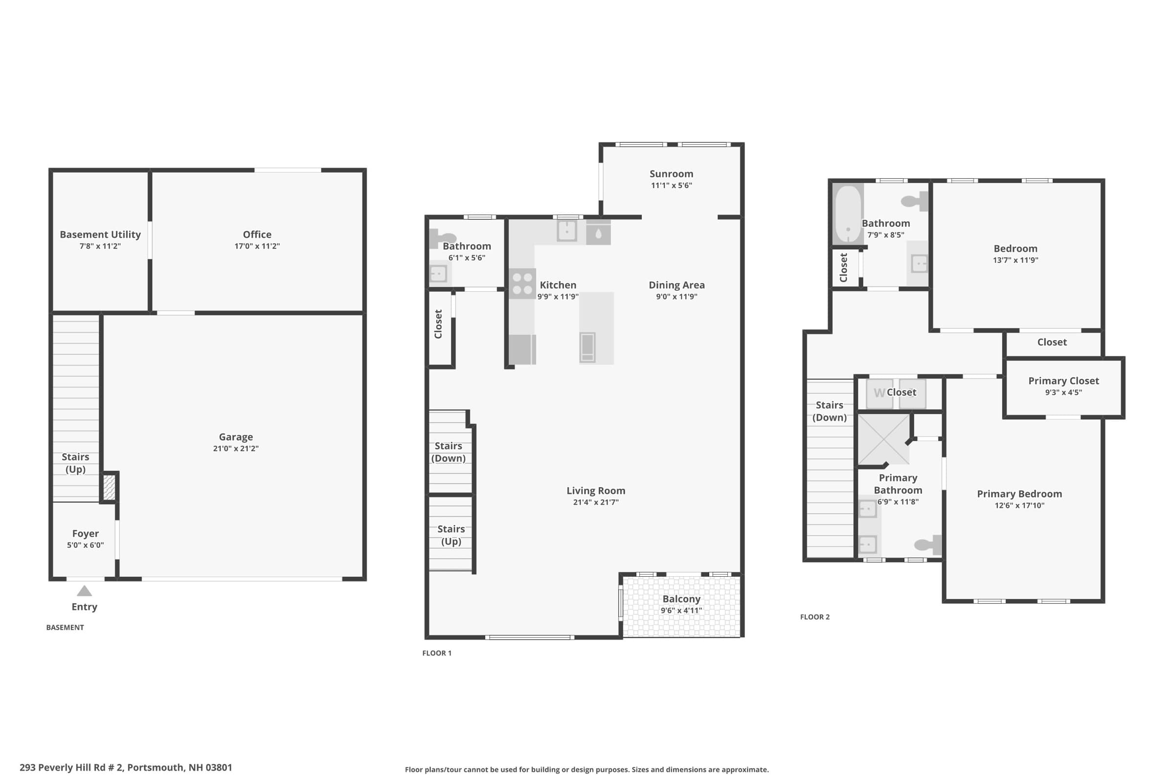 Floor plans for all three levels with room dimensions